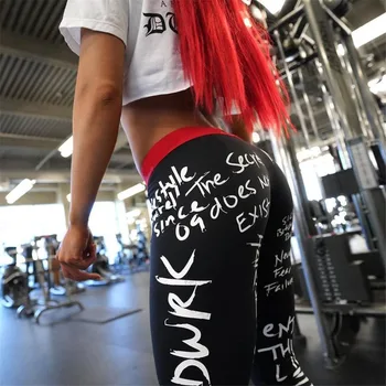 2019 New Fashion Letter Print Leggings Women Slim Fitness High Waist Elastic Workout Leggings for Gym Sport Running Europe Size 5