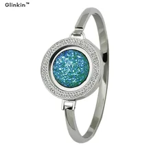 Plata Gemelos Pulseras Brazaletes de Acero Inoxidable de 25mm De Cristal Azul Disco Moneda Crystal Bangle Pulseras Mujer