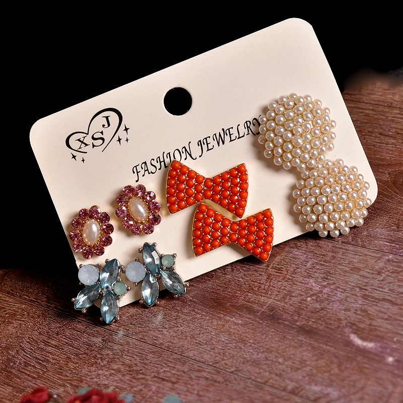 

New fashion women accessories wholesale girls birthday party red white bow pearl ear stud gorgeous 4 pairs /set earrings gift