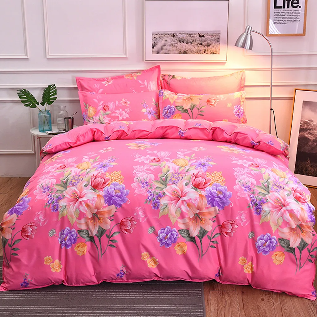 

2019 Four-Piece Red Flower Pattern Polyester Bedding Ethnic Style Simple Plain Quilt Cover Pillowcase Full Size L619