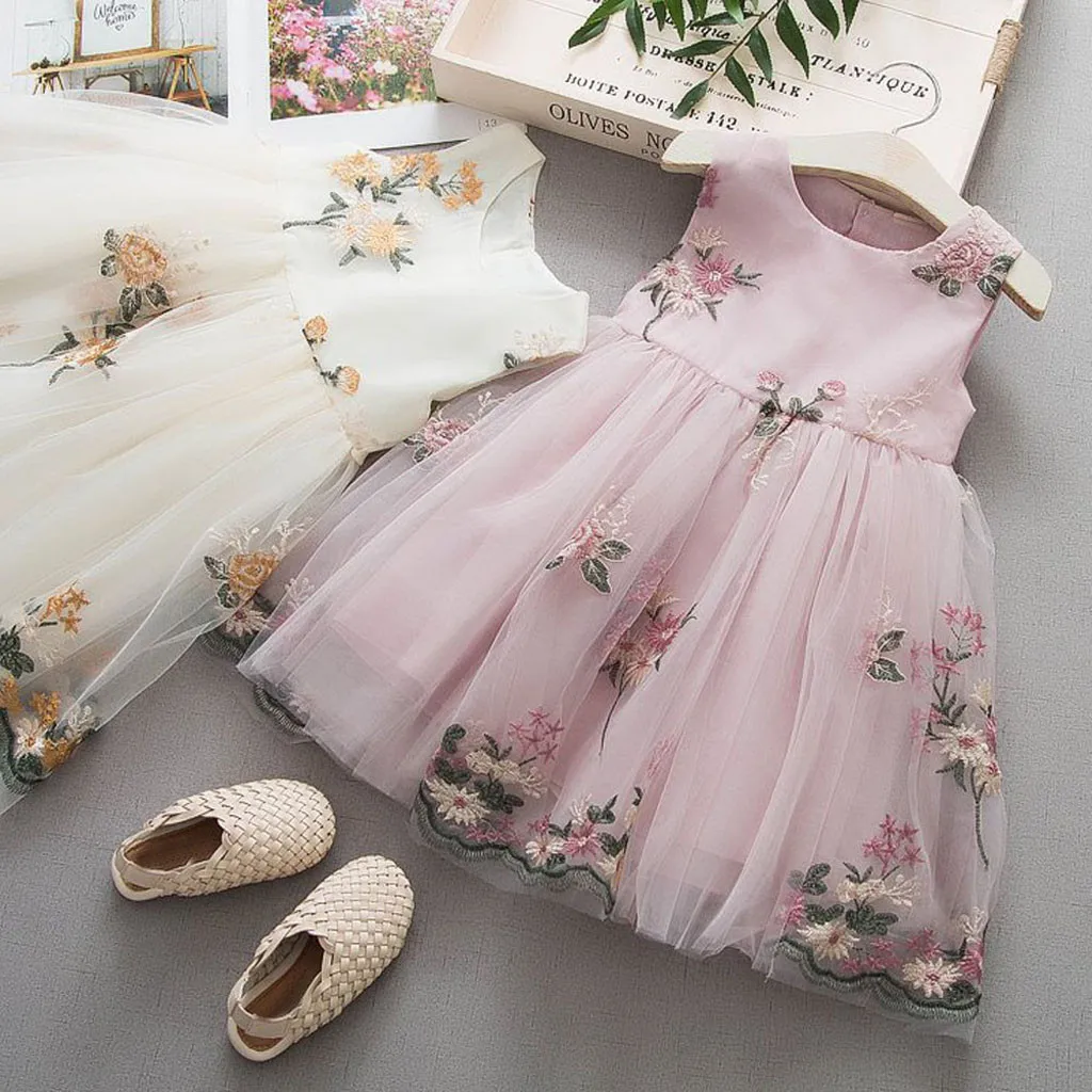 Милые вечерние сетчатые платья для маленьких девочек; фатиновое платье с цветочным рисунком; летние платья принцессы; Детские платья без рукавов с круглым вырезом; одежда для малышей