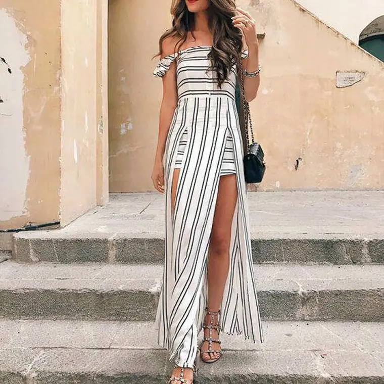 

Boho Off the Shoulder long women dress summer elegant Black And White Striped dress flower printing beach maxi dress vestid