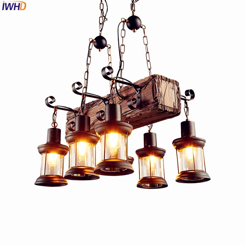 

IWHD American Wooden LED Edison Pendant Light Dinning Room Restaurant Vintage Lamp ,Loft Industiral Pendant Lighting Fixtures