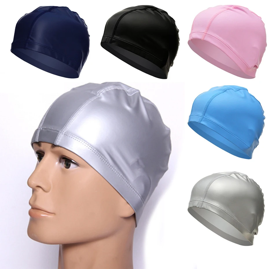 Elastic Waterproof PU Fabric Protect Ears Long Hair Sports Swim Cap For Adults#