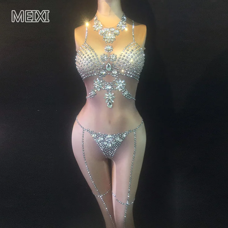 

Silver sparkling diamond super shiny bikini jumpsuit bar birthday party concert singer dancer costumes