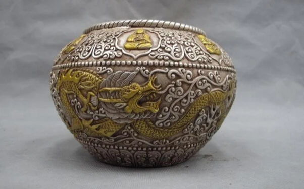 

Elegant old S0826 Tibet white bronze silver Tsongkhapa 2 Dragon play bead cense incense burner pot statue (A0322) A0403