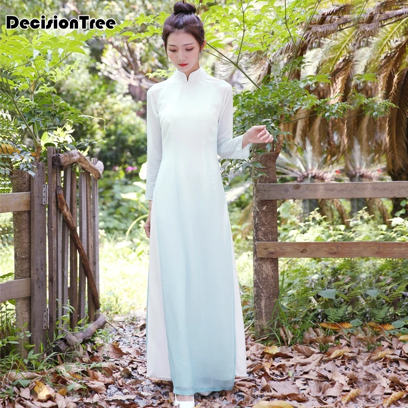 2019 Летняя женская белая печать аозай Вьетнам традиционная одежда аозай вьетнамское платье вьетнамские костюмы Улучшенный чёнсам платье