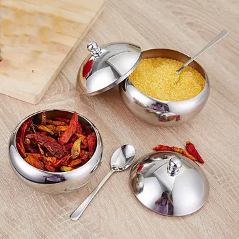 

Stainless Steel Seasoning Jar Sugar Spice Storage Bottle Drum-Shaped Miso With Lid Spoon Home Kitchen Supplies