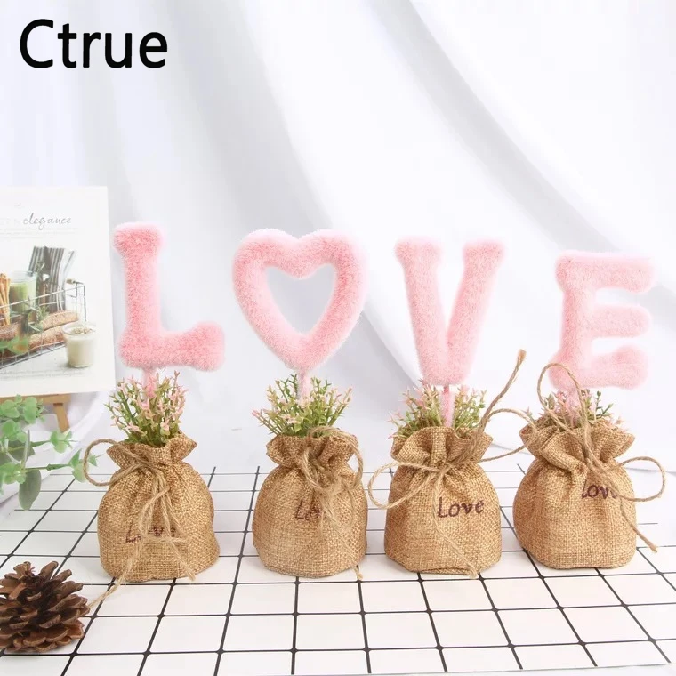 

1set love Flowerpot bonsai DIY simulation green plant linen bag rustic wedding decoration ornaments Valentine's Day gift