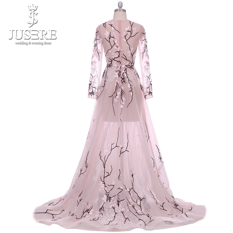 Реальные фотографии Розовый Haute Couture двойка See Through A line Вечерние платья с длинным рукавом Цветочный кружево платье длинной накидкой