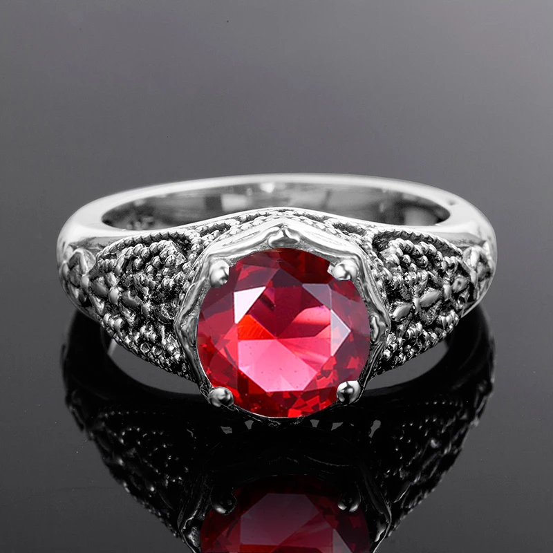 Szjinao Classic Prong Engraved Garnet Ring Flower Vine Leaf Design Solid 100% 925 Sterling Silver Women's Rings Fine Accessories