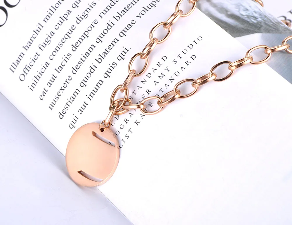 Lokaer Bohemia Titanium Steel Round Tag Pendant Necklaces Jewelry Rose Gold Chain& Link Beach Necklace For Women Girls N19095