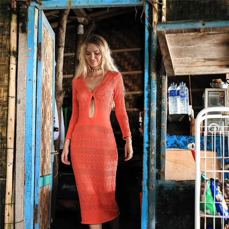 Летнее пляжное платье Boho Maxi сексуальное открытое снаружи трикотажное прогулки