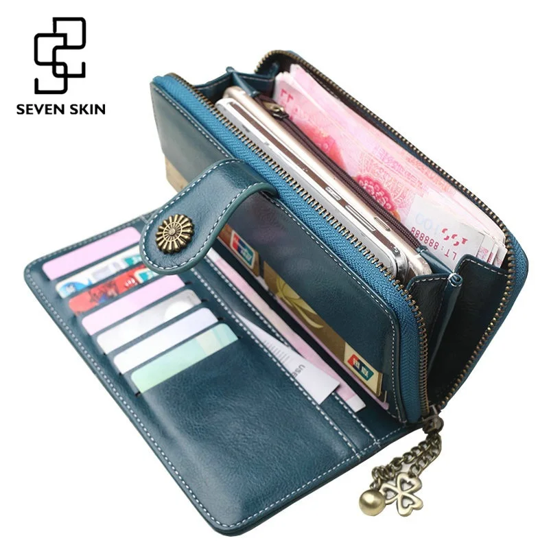 

SEVEN SKIN Women Long Leather Wallet Female vintage Zipper Wallets button Clutch Card Holder Ladies Coin Phone Purses Carteras
