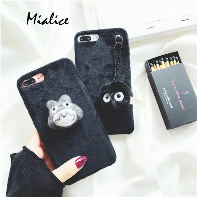 Winter Plush Totoro Briquettes Pendant for Apple iPhone 8 8plus 7 7plus Phone Case X 6 6s Plus Cartoon Coque | Мобильные телефоны и