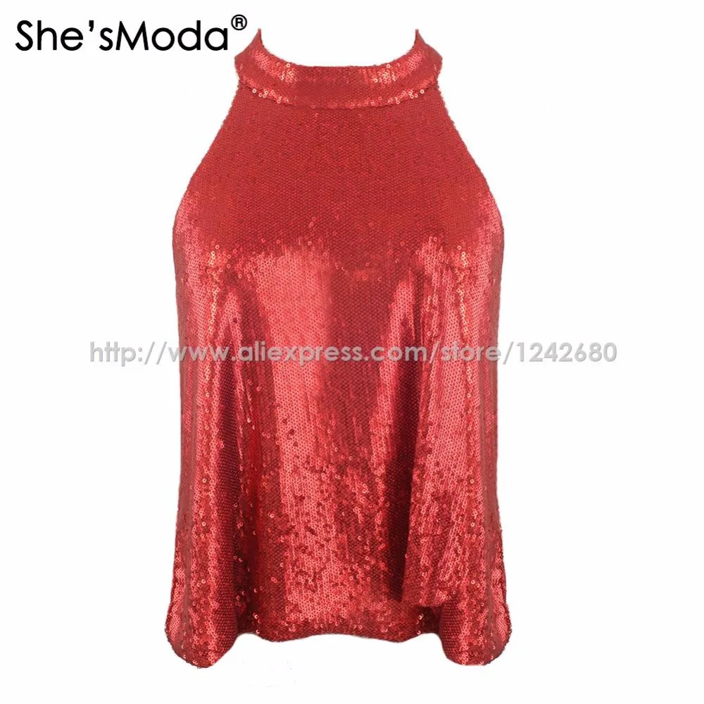 She'sModa Biling Sequins Gold Холтер Топ женские спандекс Клубные вечерние майки жилет