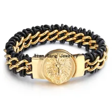 Men Genuine Leather Bracelet&Bangle Black Color Leather Stainless Steel Gold Clasp Bracelets Bangles for Men Jewelry