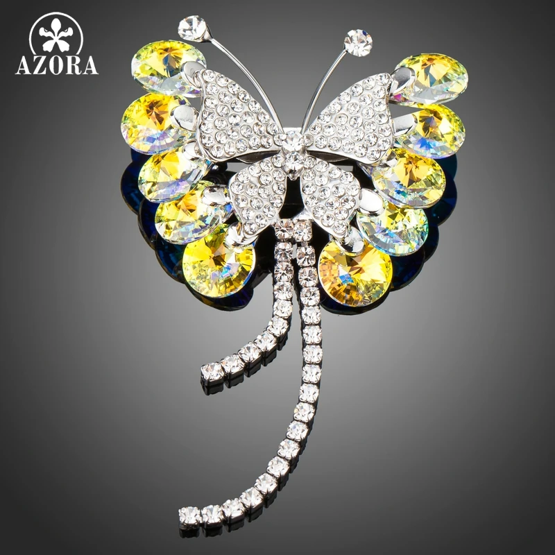 AZORA White Gold Color Full Tiny Czech Rhinestones Set with Round Stellux Australian Crystal Butterfly Pin Brooch TP0048