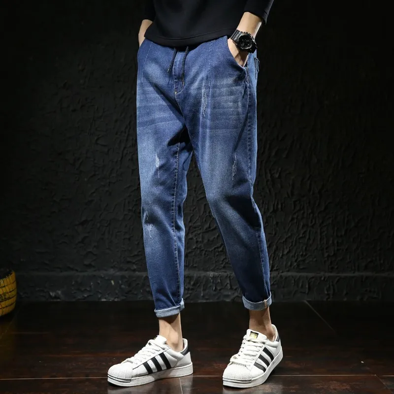 Elasticated Waist Ankle-Length Mens Ripped Jeans For Hombre Vaqueros Baggy Homme Men Streetwear Jean Calca Masculina Biker Denim