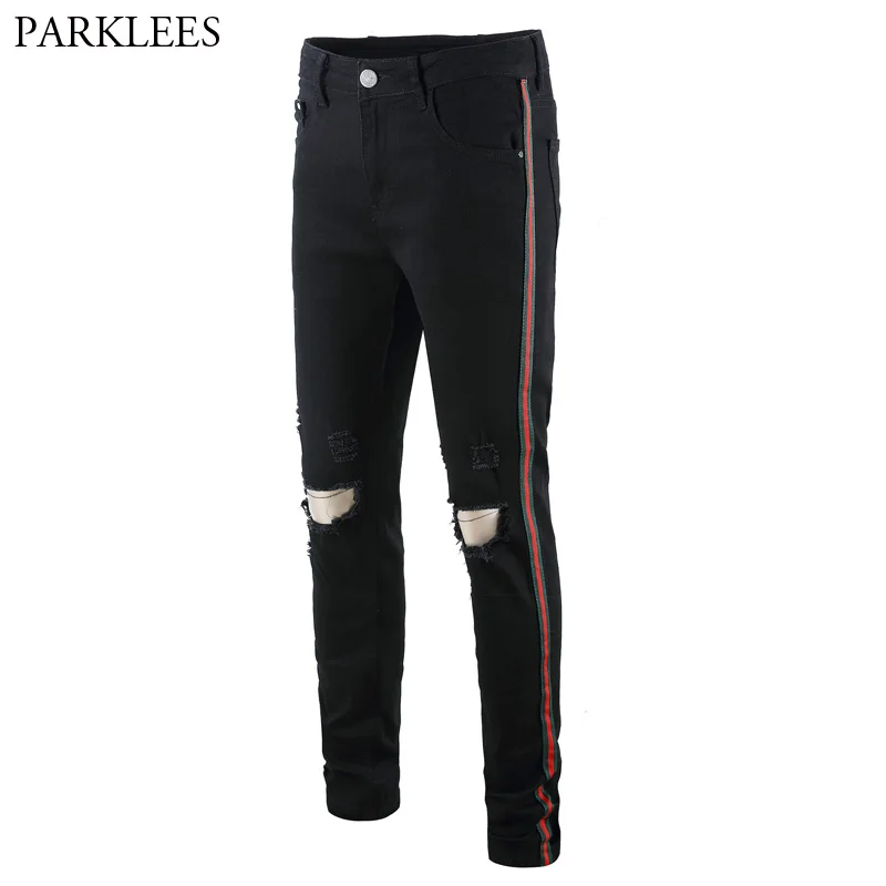 Side Striped Ripped Skinny Jeans Men Hiphop Streetwear Jeans Homme 2018 Autumn New Casual Cotton Black Hole Pencil Jeans Pants Side Striped Ripped Skinny Jeans Men Hiphop Streetwear Jeans Homme 2018 Autumn New Casual Cotton Black Hole Pencil Jeans Pants