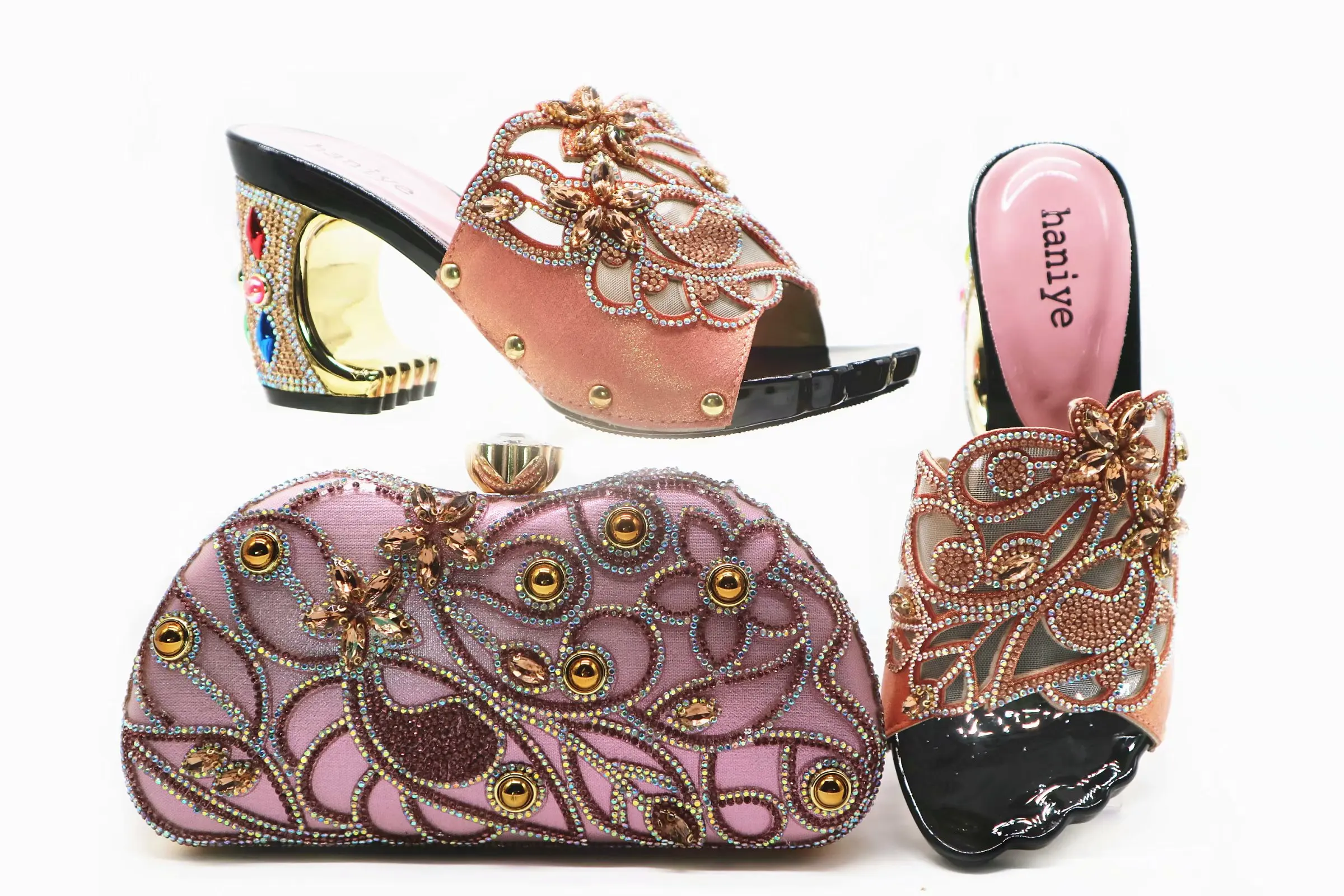 

3.5 inches elegant pink shoes and bag matching set in italy design 2019 african aso ebi wedding party shoes and bag set SB8405-1