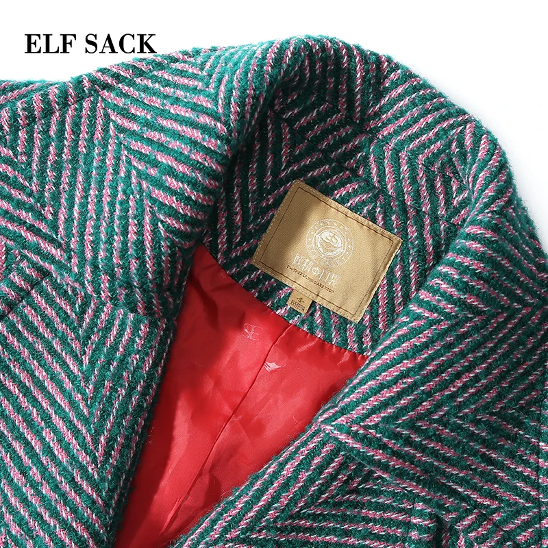 ELF saco 35.8% abrigos de lana de las mujeres de invierno piel roja bolsillos recto abrigos Oversize cuello de rayas gruesas de lana abrigos - 4