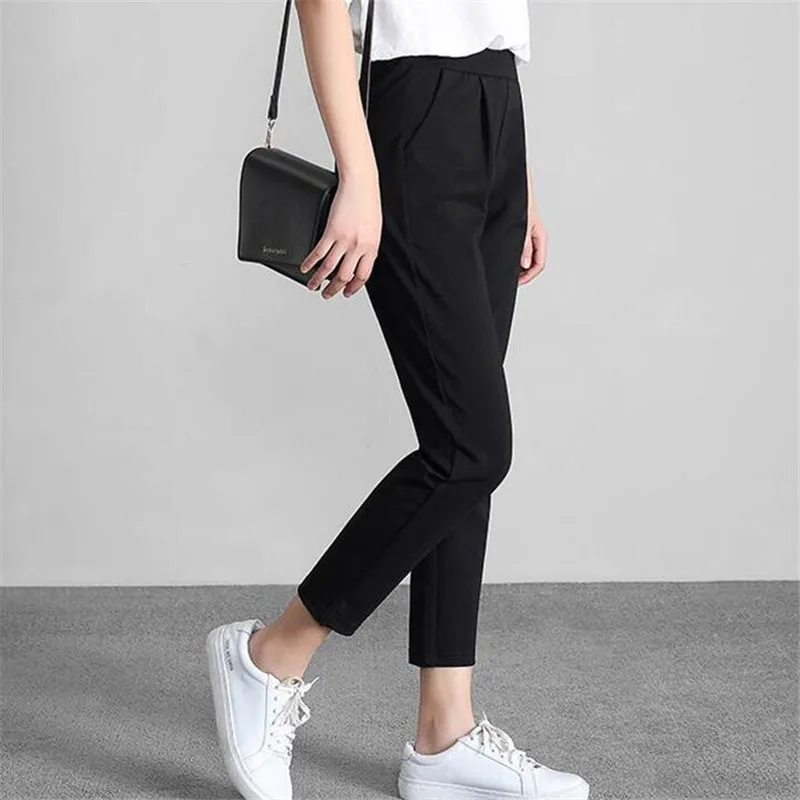 

2019 Women Autumn Chiffon Harem Pants Black Ankle-length Pencil Pants Trousers With Fork Plus Size Female Pantalones M-7XL