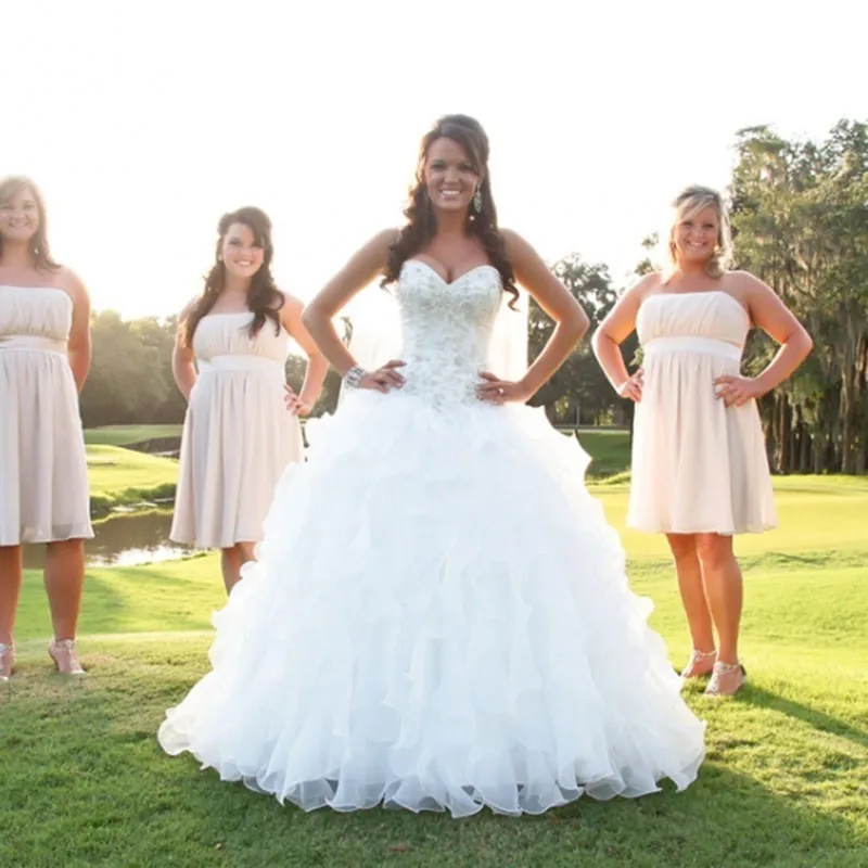 White Sweetheart Strapless Organza Ruffle Skirt Wedding Dress With