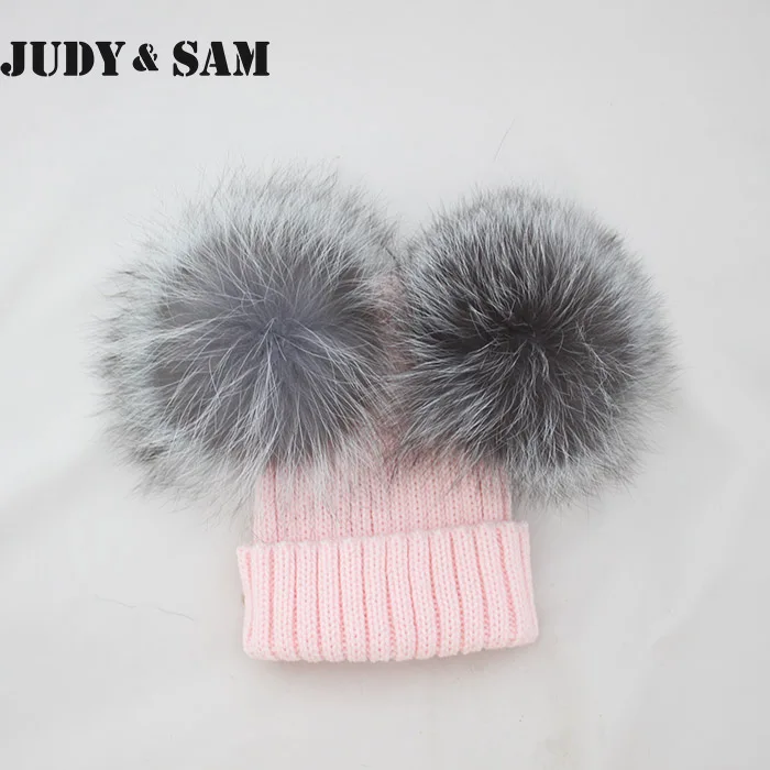 Новая стильная Зимняя шерстяная вязаная шапка для мальчиков с уникальным стильным помпоном из меха лисы для девочек - Цвет: baby pink