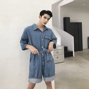

Men Streetwear Hip Hop Casual Loose Short Overalls Male Denim Tooling Jumpsuit Summer Baggy Jeans One piece Trousers A53012