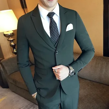 

Men wedding dress suit 2017 Custom made slim fit mens suits British style New Solid color Men's slim fit suit (Blazer+vest+pant)