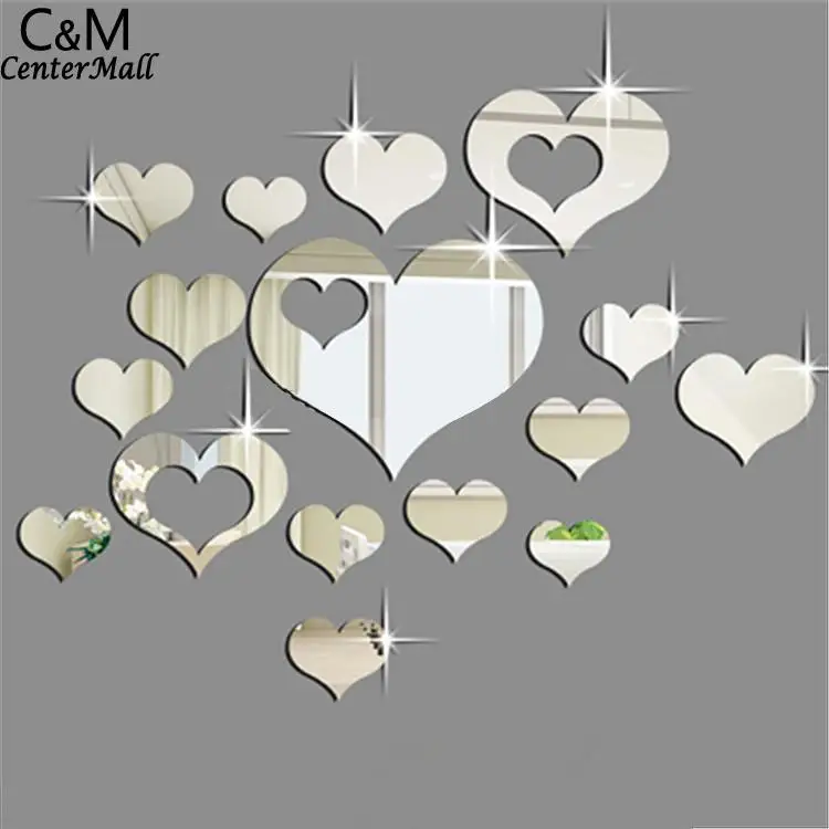 

3D Stickers Hot DIY 16PCS Decoration Mirror Plastic Silver Wall Hearts Fashion