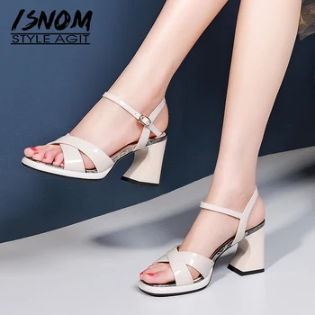 

ISNOM Summer Sandals Women Platform Sandals Woman High Heels Shoes Female Patent Leather Shoes Ladies Print Strange Style Shoes
