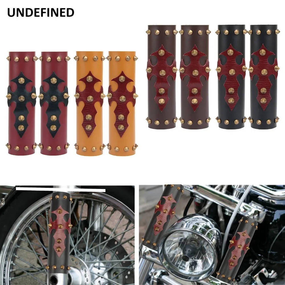 

2 Pcs Motorcycle Shock Absorber Leather Cover Front Fork Protector Guard w/ Spikes For Harley Honda Suzuki Yamaha YZF Universal