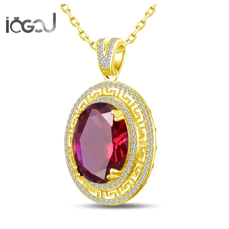 

IOGOU Oval Cut 925 Sterling Silver Red Sona Simulated Yellow Gold Color Pendants HIPHOP Wedding Party 15X20mm Jewelry Gifts