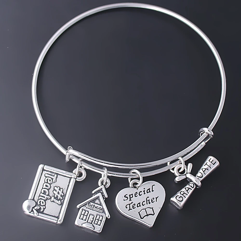 

New design school graduation teacher gift jewelry bracelet special teacher ancient silver pendant bangle