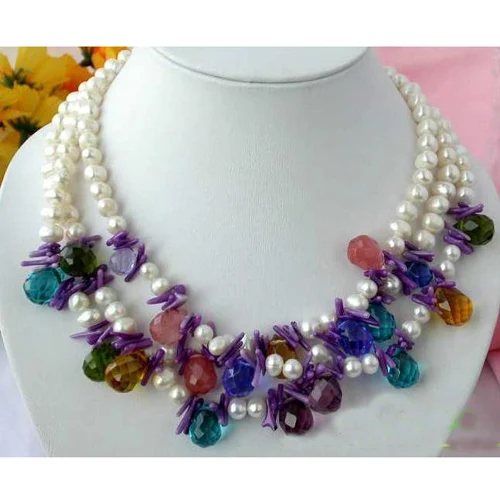 

Fashion Women Pearl Jewellery Gift,3Rows 7-15mm Crystal White Freshwater Cultured Pearl Necklace,Wholesale,Free Shipping