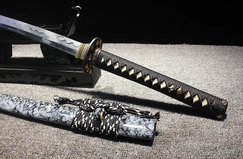 Handmade Real Katana 1095 Carbon Steel Heat Tempered Full Tang Wooden Sheath Marble Color Lacquer Seires-Sharp Edge Sword