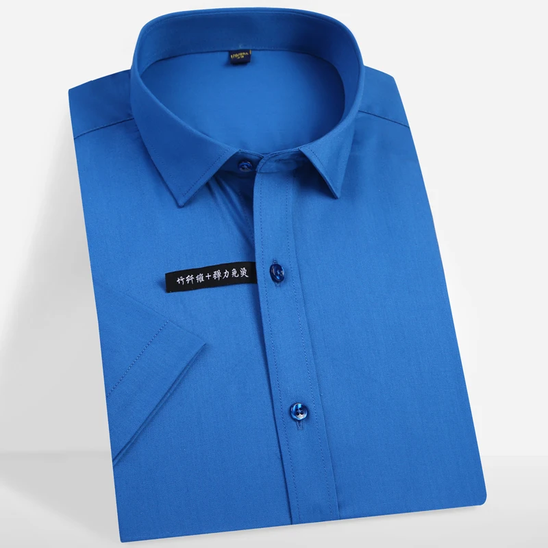 Men's Short Sleeve Stretch Easy Care Solid Dress Shirts Comfortable Soft Bamboo Fiber Non Iron Regular-fit Formal Tops Shirt