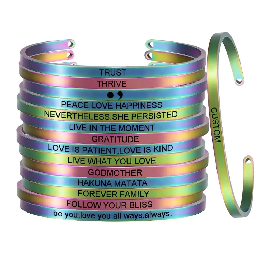 

Rainbow 4MM "FOREVER FAMILY" Stainless Steel Positive Inspirational Personalized Bracelet Mantra Bangle for Women Gift SL-099