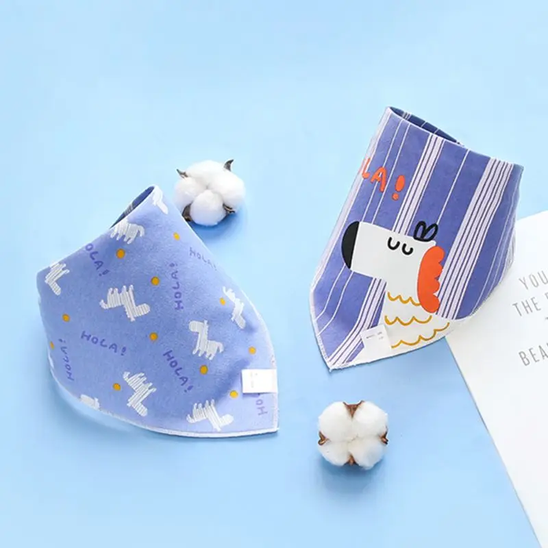 

2 Pcs Baby Saliva Towel Cartoon Kids Double-layer Eating Table Bib Snap Button Triangle Shape Cotton Bibs