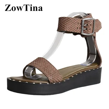 

Brown Real Leather Women Platform Sandals Ankle Warp Casual Outside Wedge Summer Shoes Studded Buckle Sandalias Femmes Creepers