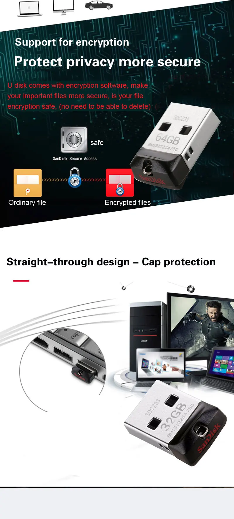 SanDisk USB флеш-накопитель Cruzer Fit CZ33 64 ГБ 32 ГБ 16 ГБ супер мини-флеш-накопитель USB 2,0 карта памяти 8 Гб U диск