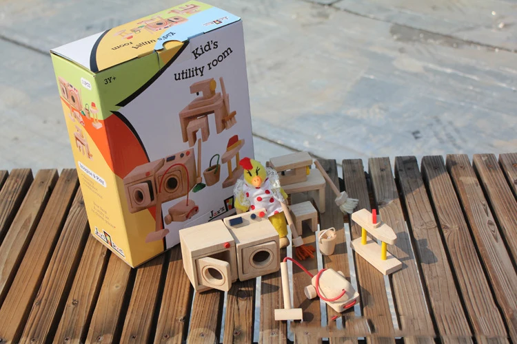 Детский деревянный кукольный дом/дети ребенок спешно romm с швейной машиной пылесос/Рождественские подарки/Инструкция на английском языке