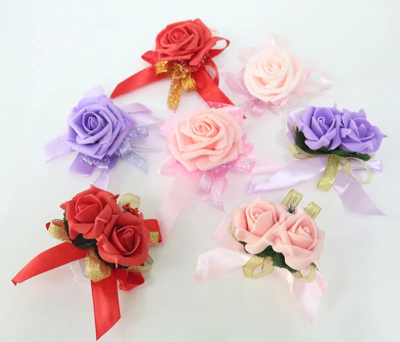  Flone Artificial Rose Flower Wedding Wrist Flower Hot Pink Bridesmaid Silk Corsage Hand Flowers Wedding Party Decor Floral (20)
