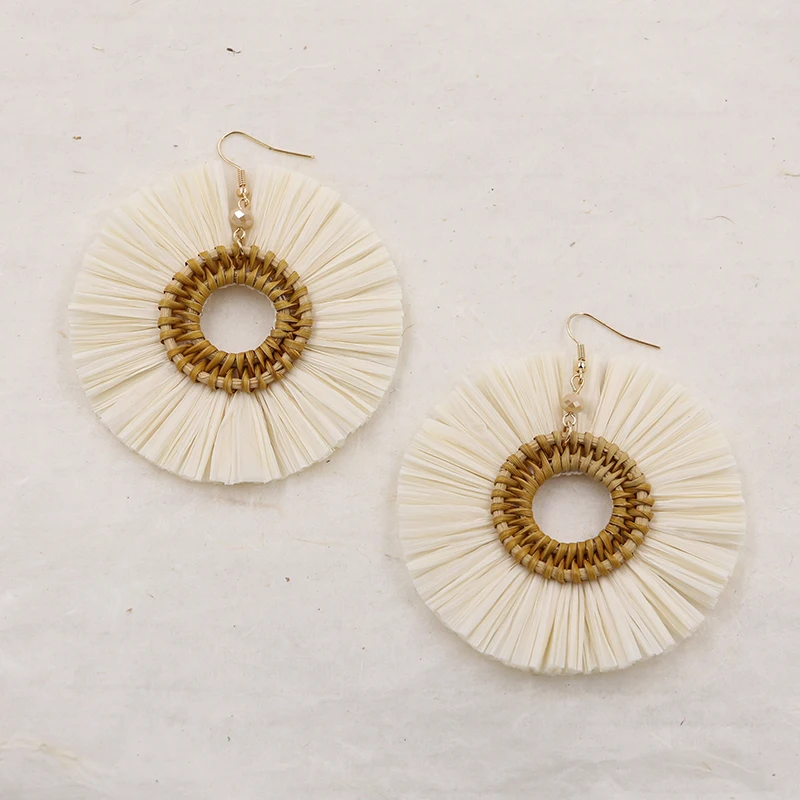 

Bohemia Raffia Earrings For Women Handmade Wicker Rattan Earring Crystal Beads Big Earring Summer Natural Jewelry