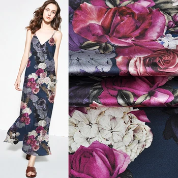 

118CM Wide 19MM Rose Print Stretch Dark Color Silk Satin Fabric Good for Summer Dress Skirt Shirt Pants JH201