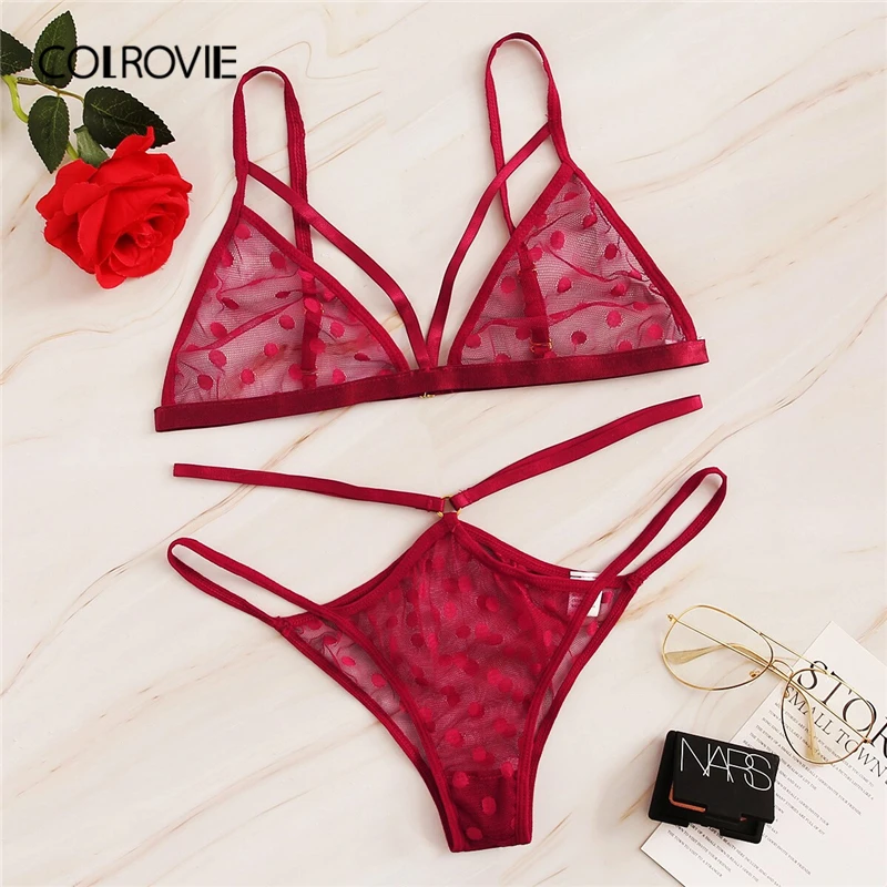 

COLROVIE Red Polka Dot Harness Sheer Sexy Lingerie Set Women Intimates 2019 Lounge Wireless Bra And Thongs Ladies Underwear Set