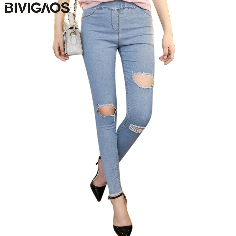 

BIVIGAOS Summer Knee Big Hole Jeans Leggings Elastic Denim Pencil Pants Skinny Ripped Jeans For Women Beggars Pants Jeggings