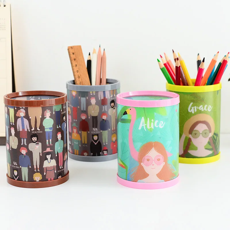 

2pcs/lot Assembled Pen holder plastic material round shaped cartoon style desk top stationery pen holder vase pen container